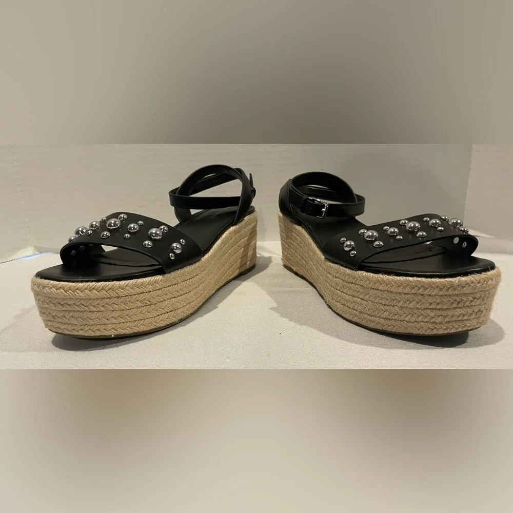 Marc Fisher Joyce Espadrille Studded Black Tan Platform Sandal Womens Size 8 1/2